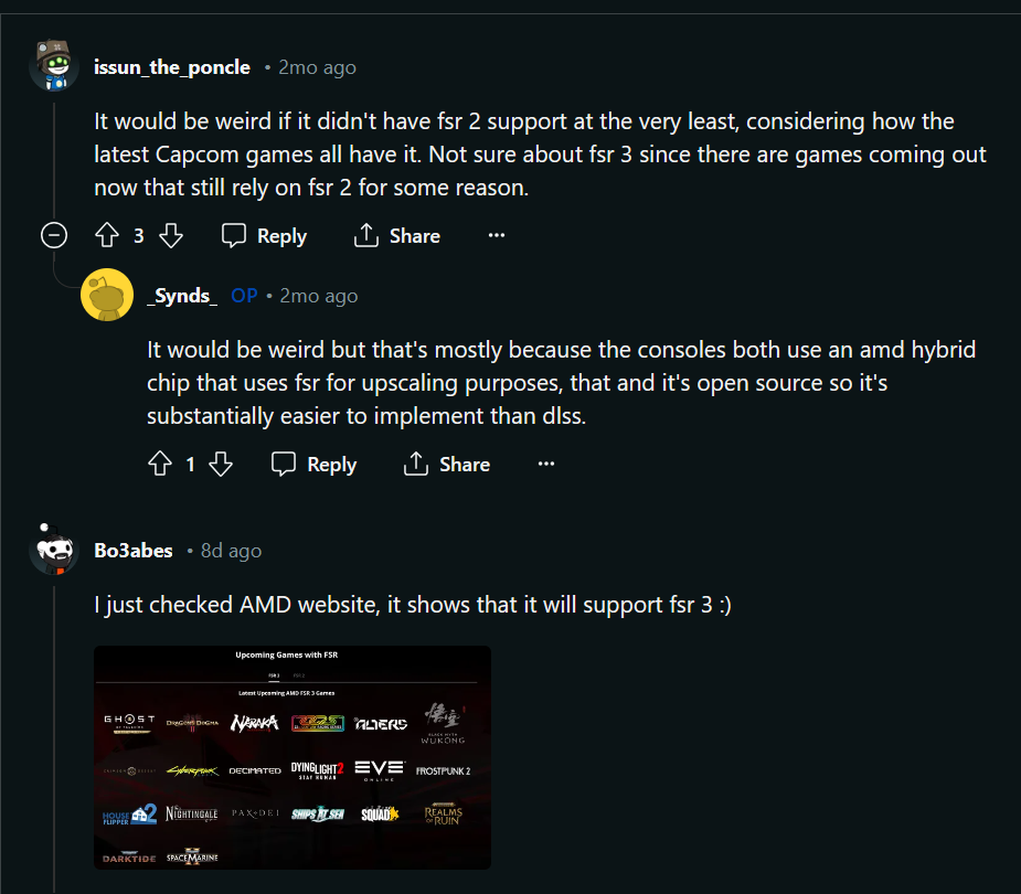 Reddit post on FSR and DLSS for Dragons Dogma 2.