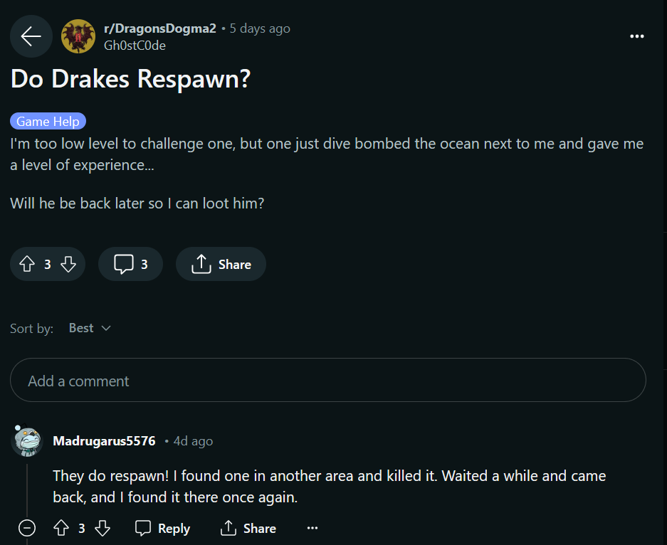 Drake's respawn in Dragons Dogma 2