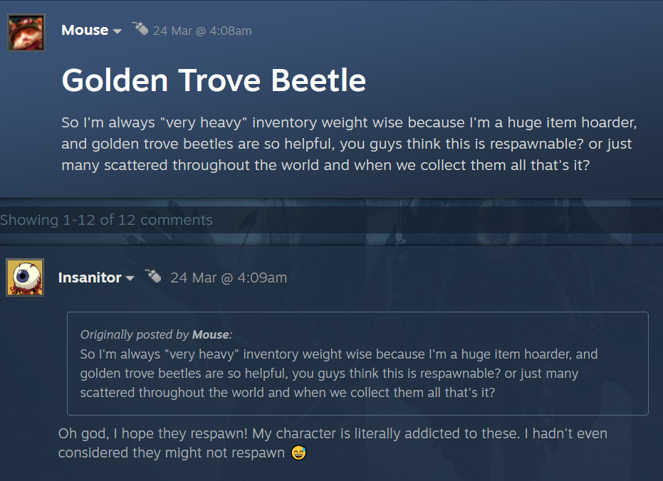 steam community post on Golden Trove Beetle