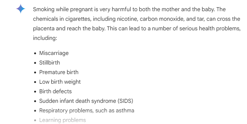 google ai smoking while pregnant