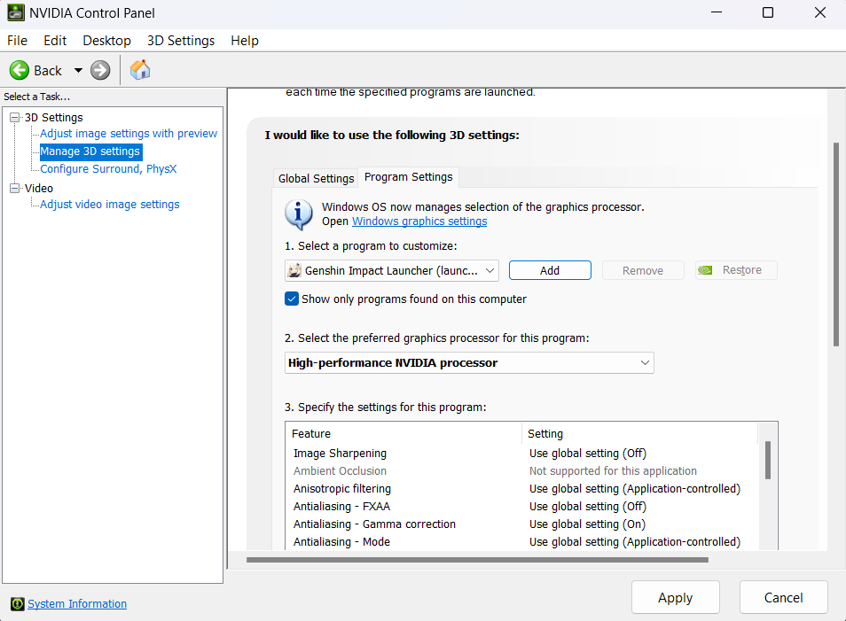 Manage the 3D settings inside NVIDIA control Panel