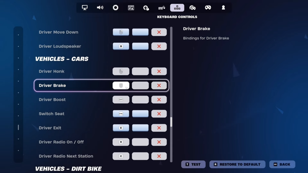 Change Driver Brake keybinding to prform car jump glitch in Fortnite.