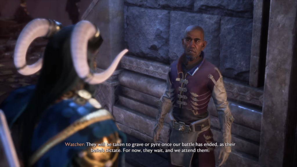 Talk to the Watcher to open the room where the fallen are located and pay respect to them in one last breath in Dragon Age: Veilguard.