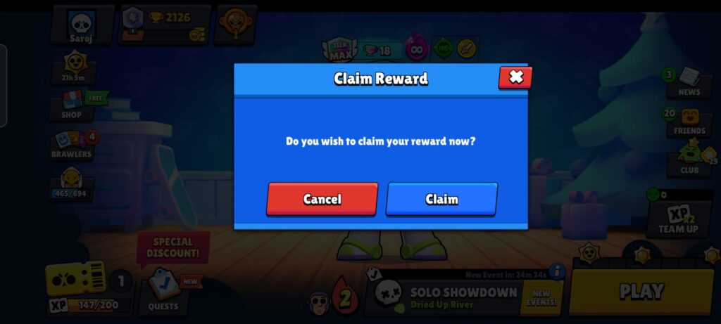 Click the "Claim" button to receive a gift for free in Brawl Stars.