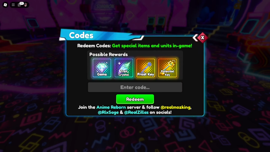 Possible rewards of codes in Anime Reborn.