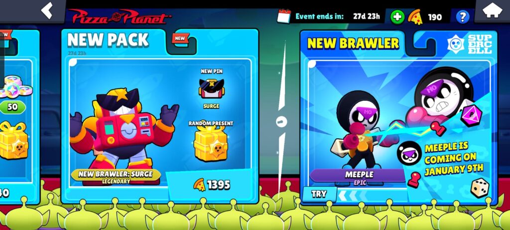 Meeple can be bought from the Pizza Planet Shop in Brawl Stars.