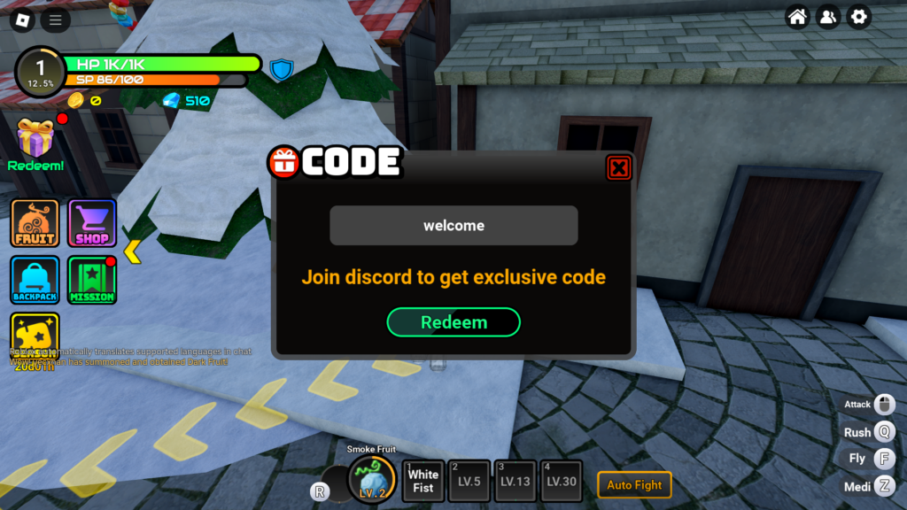 Click the "Redeem" button to redeem codes and get Gems in Fruit Reborn.