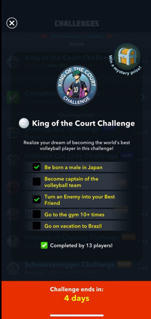 King of the Court Challenge objectives in Bitlife.