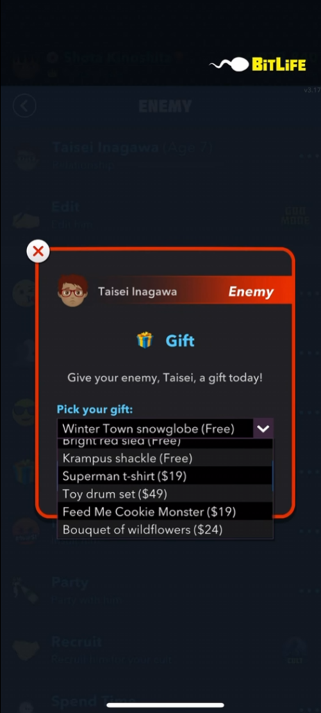 Send Gifts to an enemy to turn them into a friend in Bitlife.