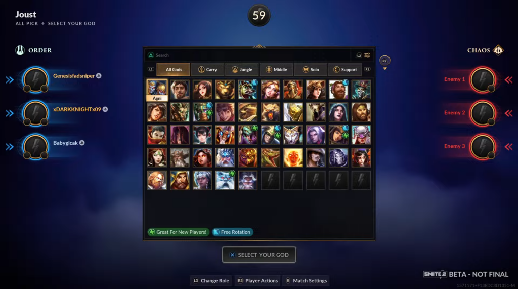 Players can choose a character before a match in Smite 2.