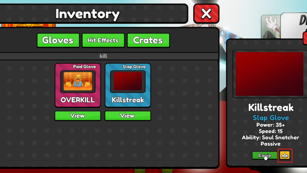 Click the Crown Symbol to check glove mastery in Slap Battles