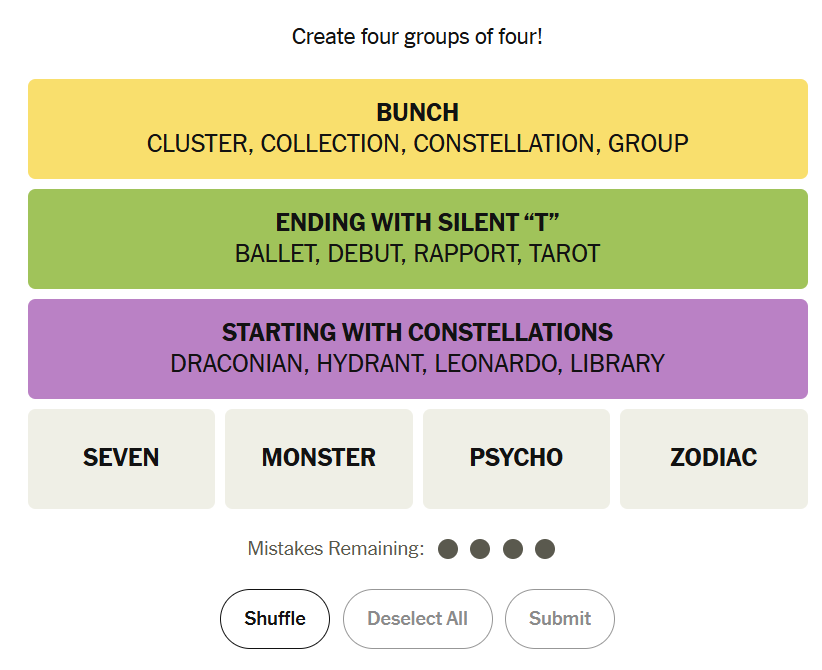 Group the remaining words to finish today's NYT Connections