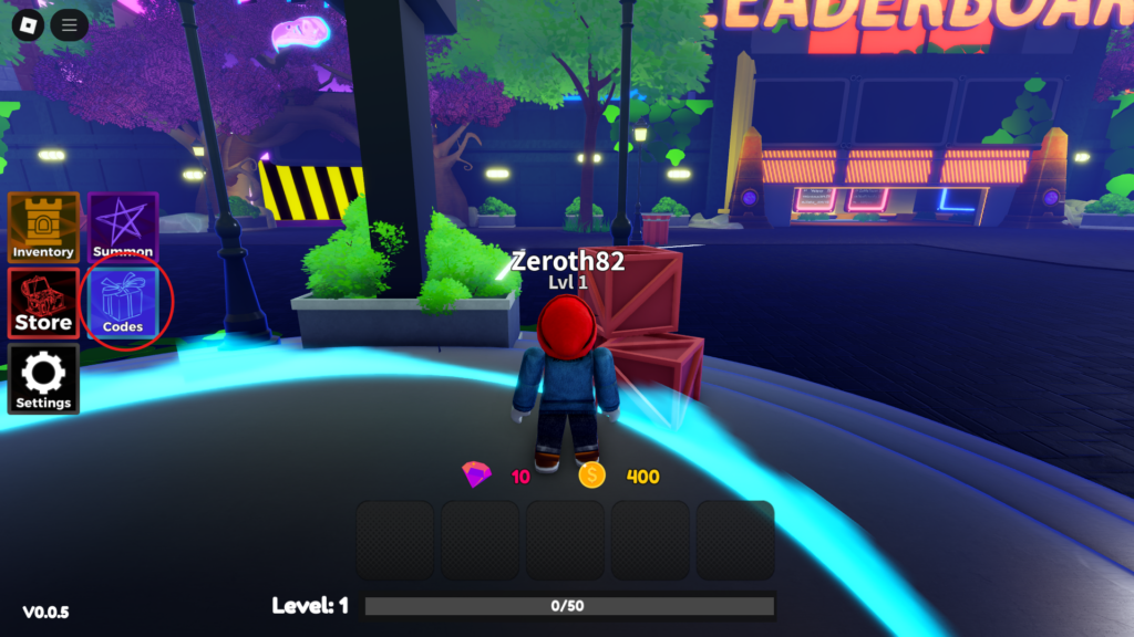 Click the "codes" button to redeem codes in Roblox Parallel Champions.