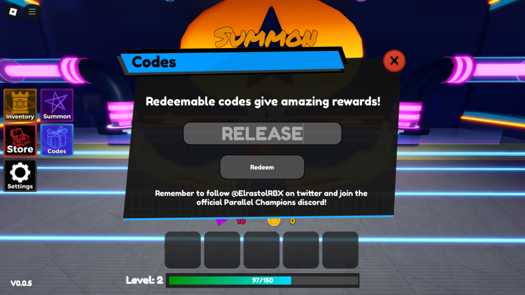 Enter active codes and press "Redeem" to get rewards from codes in Parallel Champions.