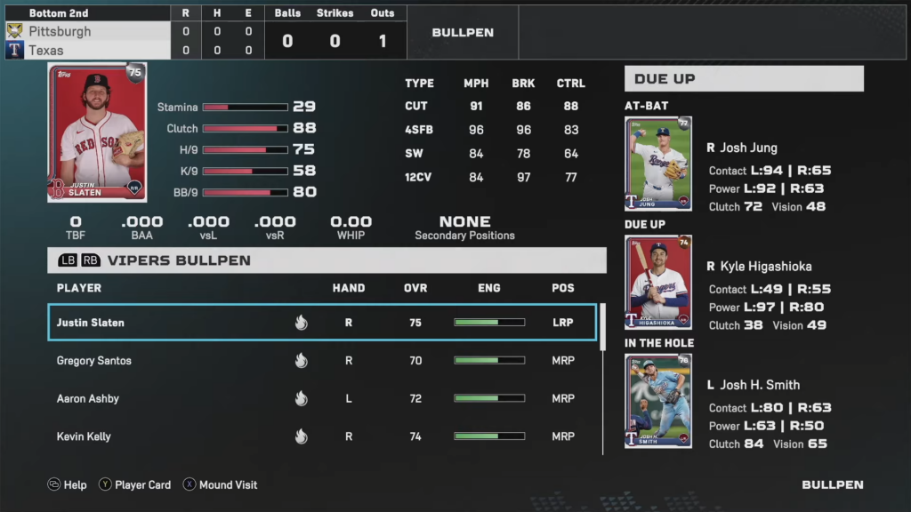 Grey flame next to pitchers ready to enter the game in MLB the Show 25