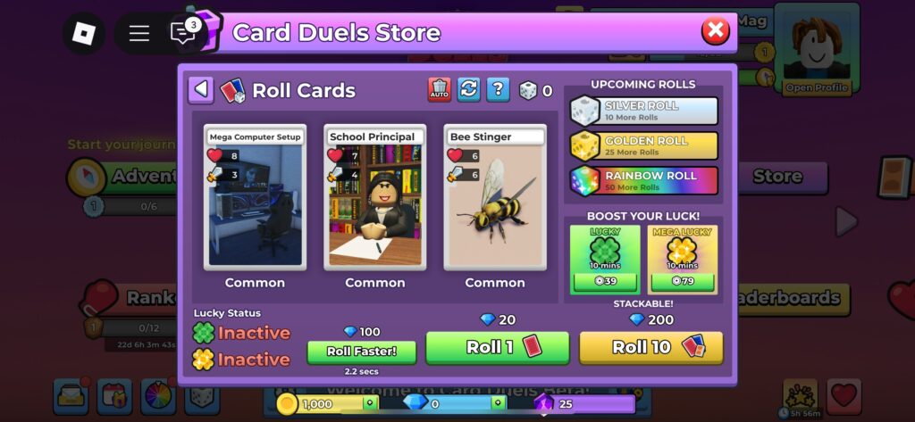 roll cards luck