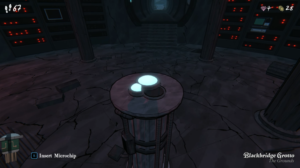 Insert three microchip into the Pedestal in Blackbridge Grotto.