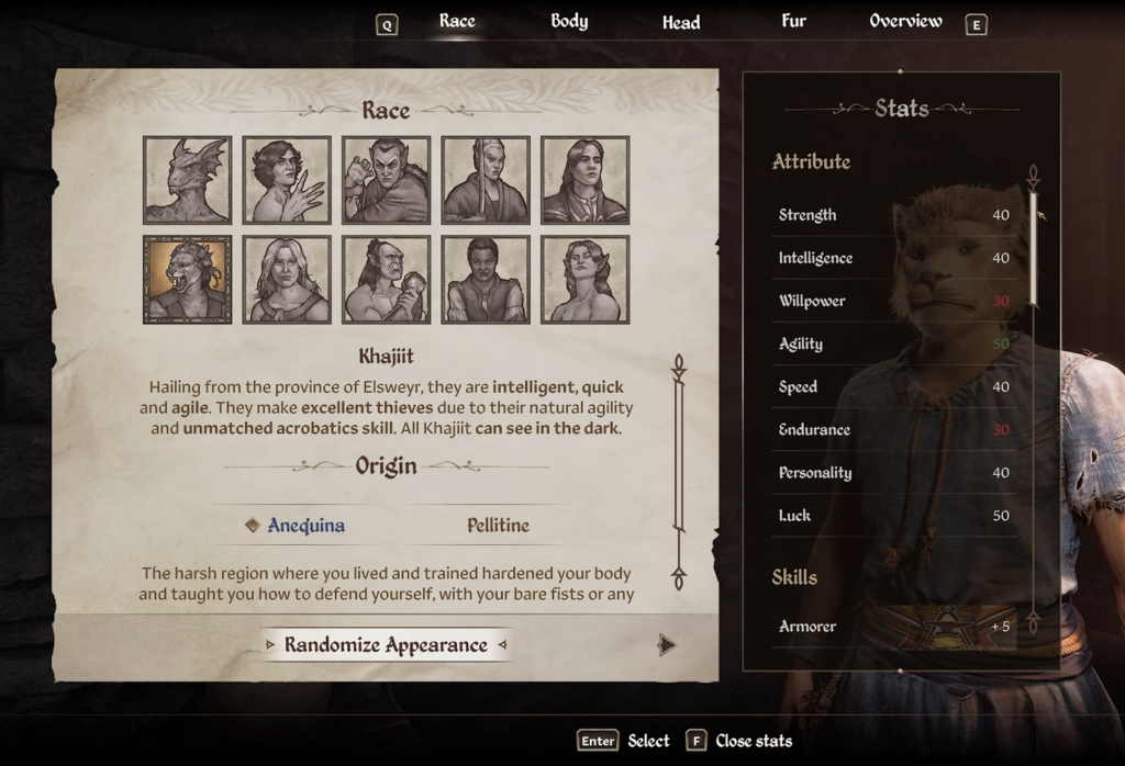 Choose a origin of Khajiit that you like in Oblivion Remastered.