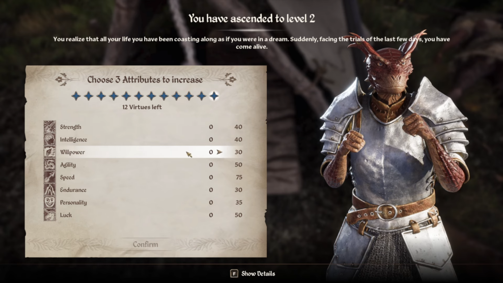 Use Virtues to upgrade attributes like strength in Oblivion Remastered.
