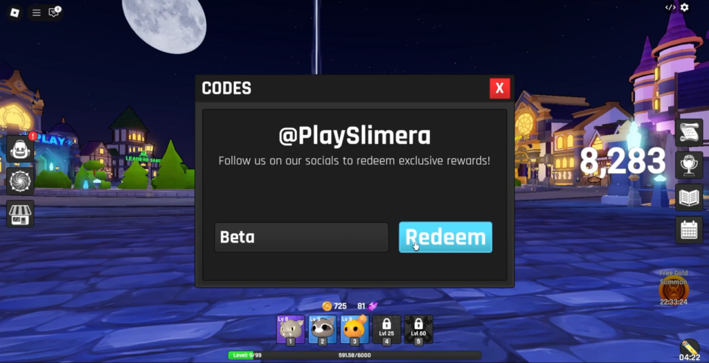 Enter an active code and hit Redeem to receive rewards in Slimera 