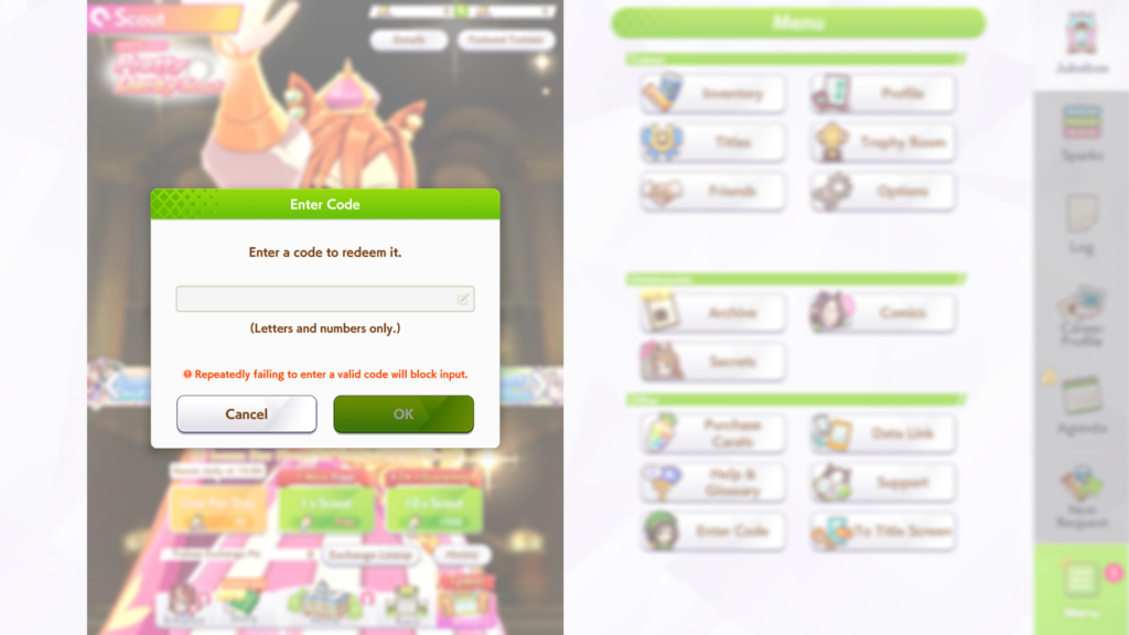 enter the codes in uma musume 