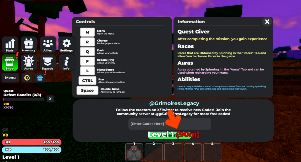 grimoires legacy codes menu