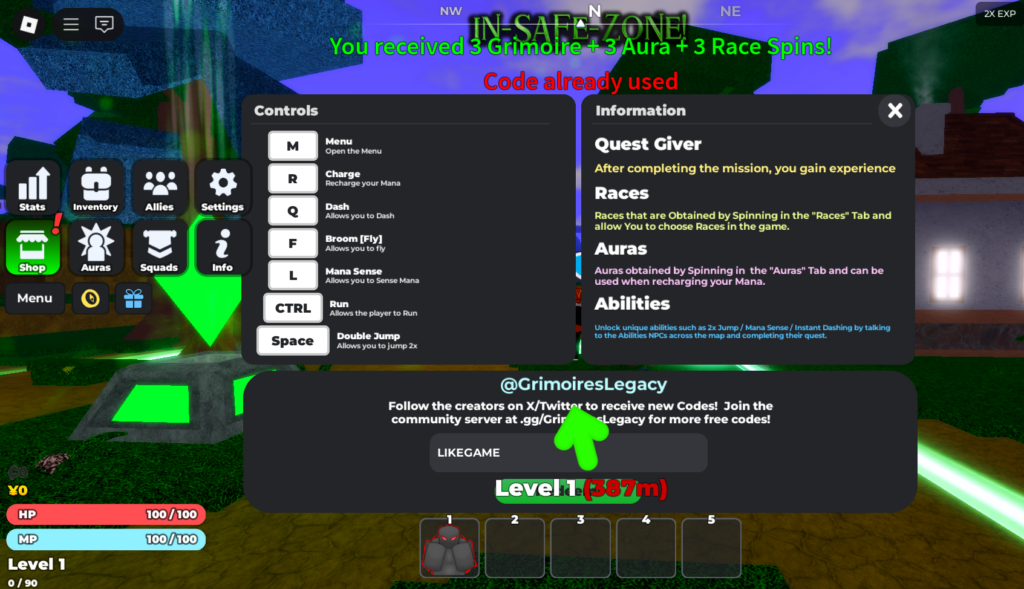 codes menu in grimoires legacy